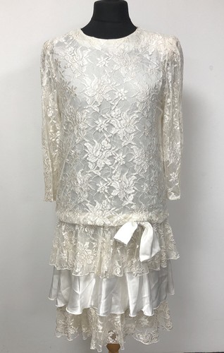 Vintage Berkertex Occasions 1980's Cream Ivory Lace Flapper Style Dress Size 14