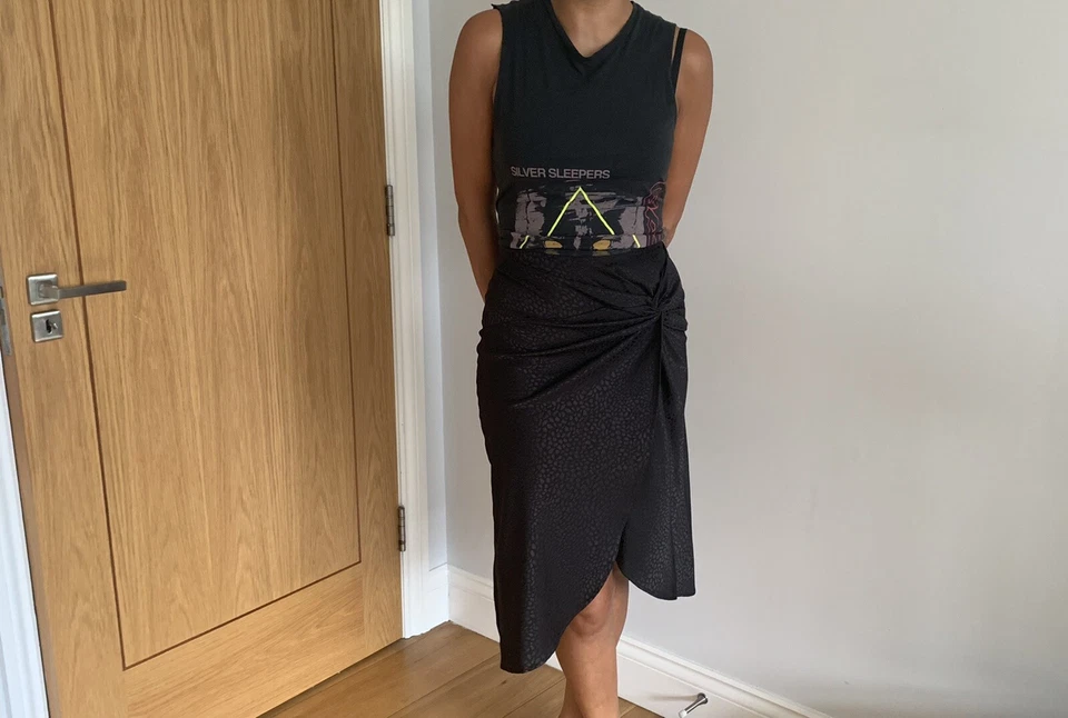 Silky Wrap Skirt  Satin Black Polka Dot Pencil Skirt - Image 3 of 4