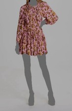 $695 Ulla Johnson Women's Pink Silk Floral Ruched Round Neck Mini Dress Size 8