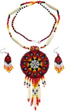 HANDCRAFTED ETHNIC ARTISAN RED MEDALLION CHUNKY BEADED NECKLACE EARRINGS SET
