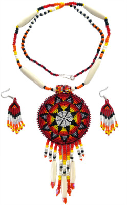 HANDCRAFTED ETHNIC ARTISAN RED MEDALLION CHUNKY BEADED NECKLACE EARRINGS SET