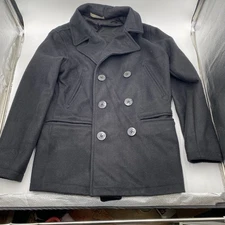 Old Navy Wool Pea Coat Men Medium Black Double Breasted Lined Y2K Anchors