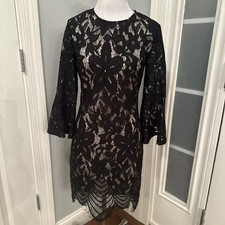FRANCESCA’S BLACK Lace Cut Out Beige Shimmer Bell Sleeve Fitted Midi Dress SMALL