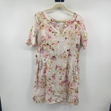 J. Jill Love Linen Dress Womens S White Pink Floral Short Sleeve Shift Pockets