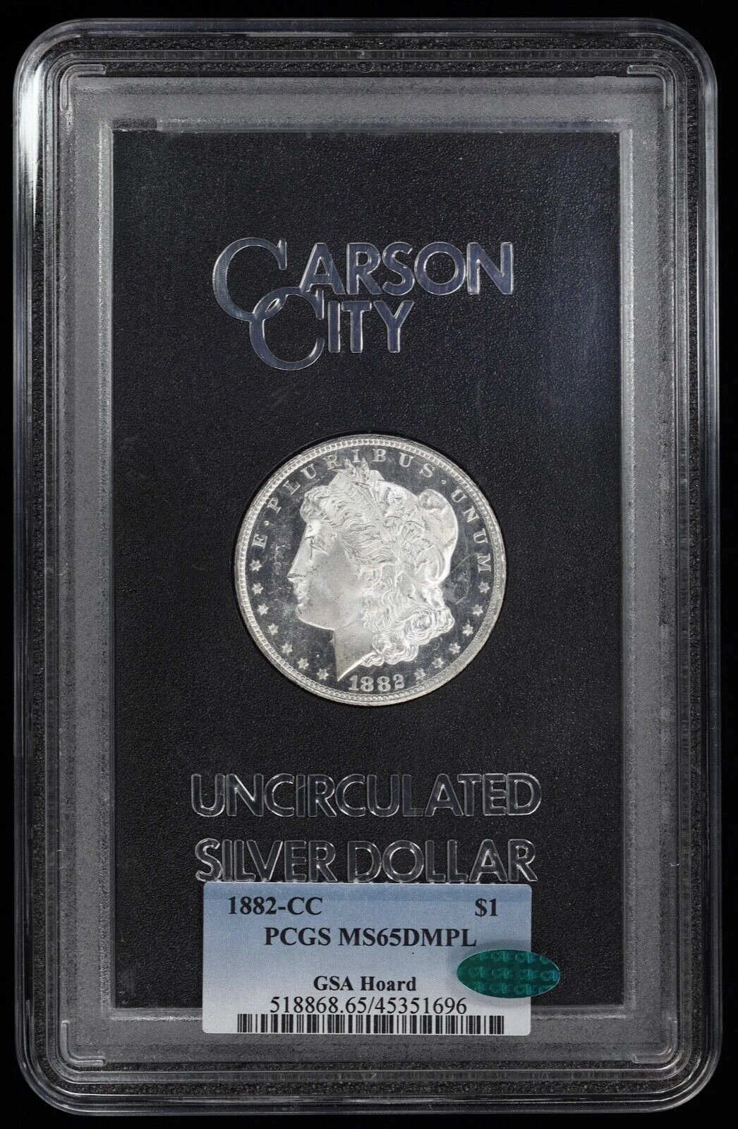 1882-CC Morgan Silver Dollar $1 PCGS MS 65DMPL CAC GSA Hoard (BU UNC)