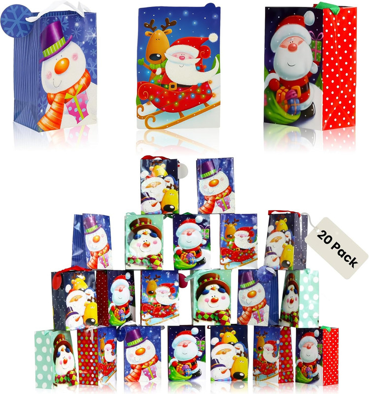 Printed Christmas Design Gift Bags Small 20-Count