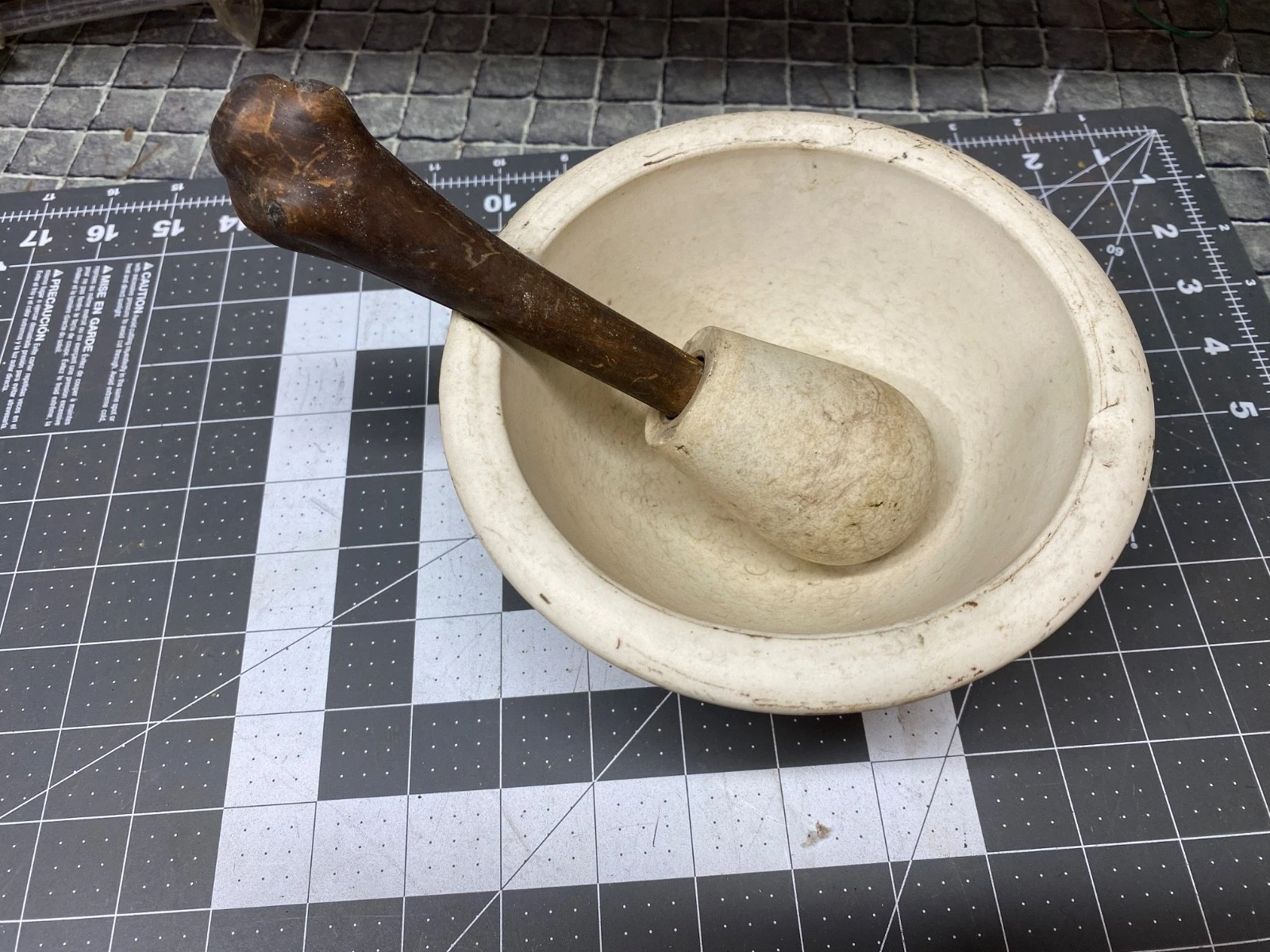 One Antique porcelain mortar and pestle F. & G. Meaker? 3.5" High x 6.5" Dia.
