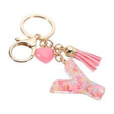 Initial Letter Keychain, Letter Y Heart Design Charm with Tassels, Pink