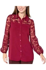 Nina Leonard Women's Textured Wave & Embroidered Mesh Top Cherry Wine
