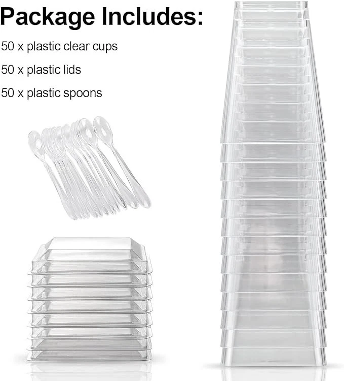 Pack de 50 vasos de postre de plástico de 5 onzas (aproximadamente 141,7 g) con tapas y cucharas. Foto 3 de 4