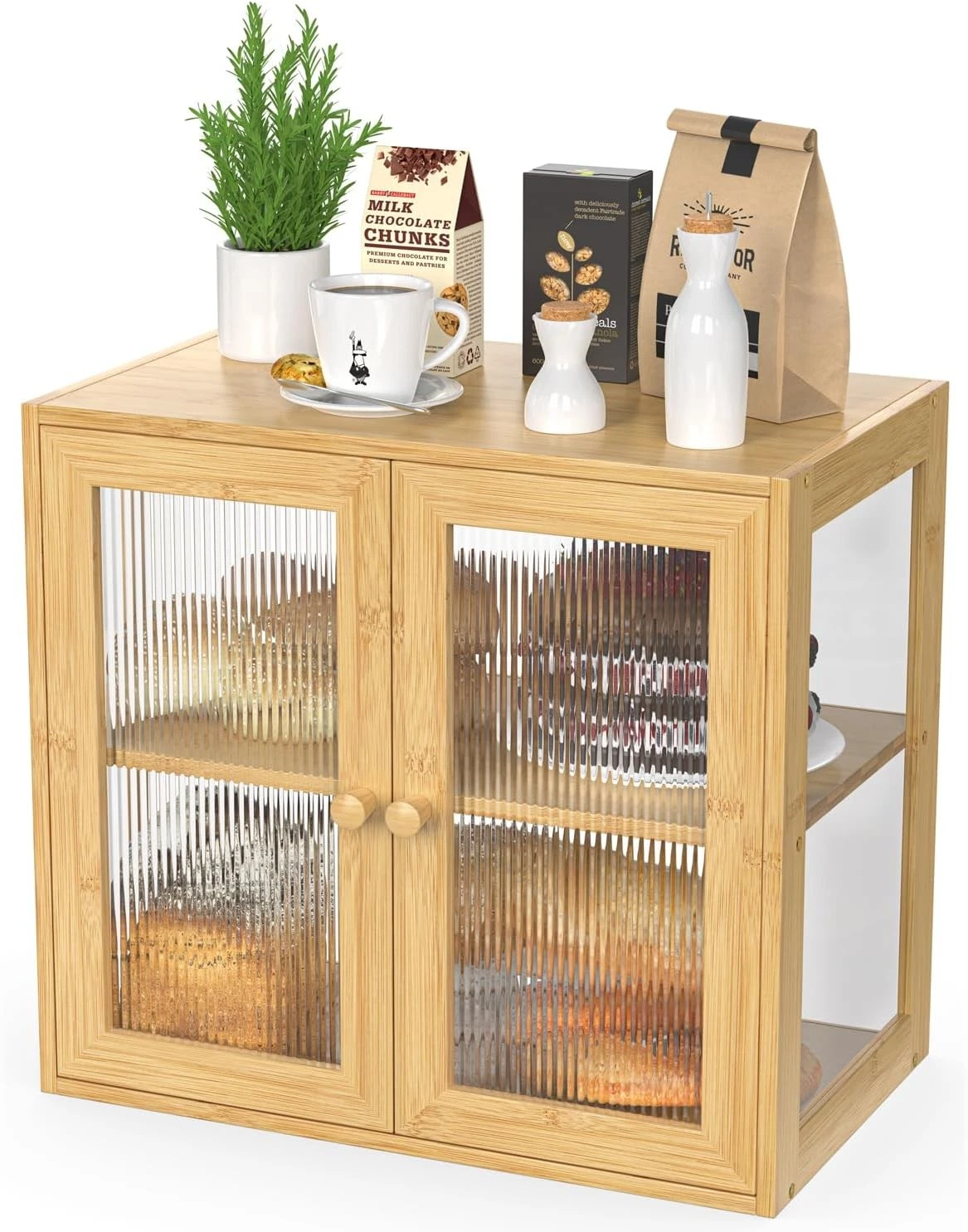 BAMBANG Double Layer Bamboo Bread Box for Kitchen Large, Natural-2 Doors