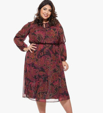 Maggy London Maroon Floral Paisley Key Hole Front Tie Midi Dress Size 20W