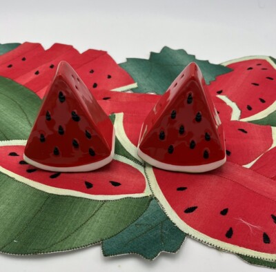 Pair Figural Watermelon Slice Salt & Pepper Shakers 3 x3  Pink Green Ceramic NIP