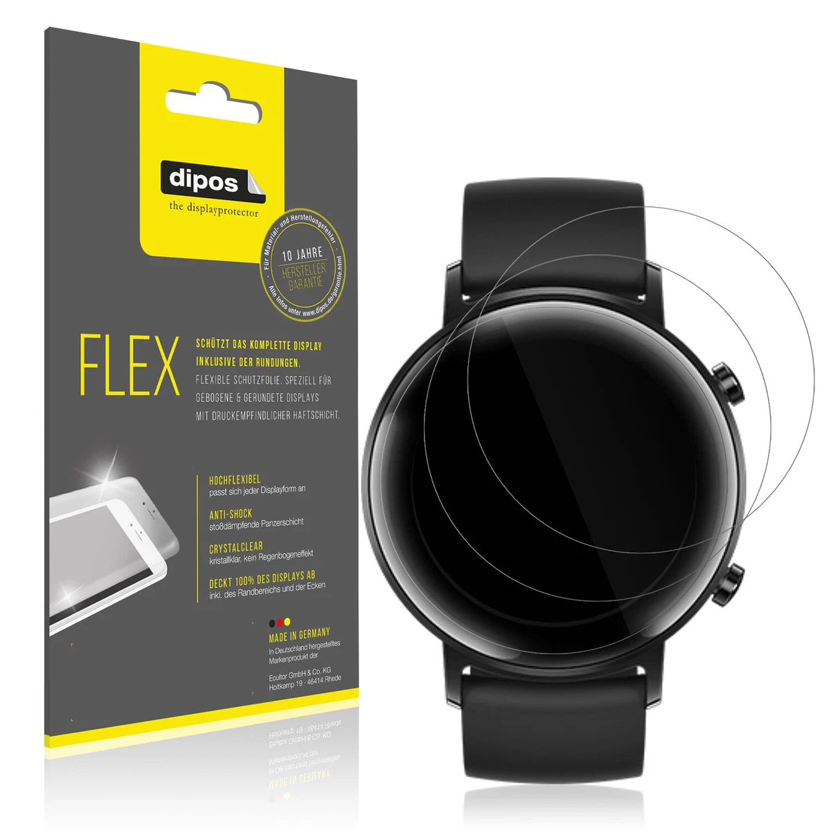 dipos I 2X Pellicola Protettiva Compatibile con Huawei Watch 3 PRO Protezione Vetro Flessibile 9H