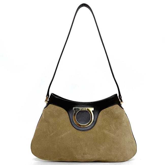 Salvatore Ferragamo Gancini Handbag Shoulder Bag Beige Brown Gold 