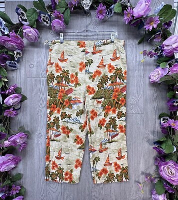 Capri Bottoms Pants Size Large Womens Rayon Linen Hawaiian Tropical Take Two