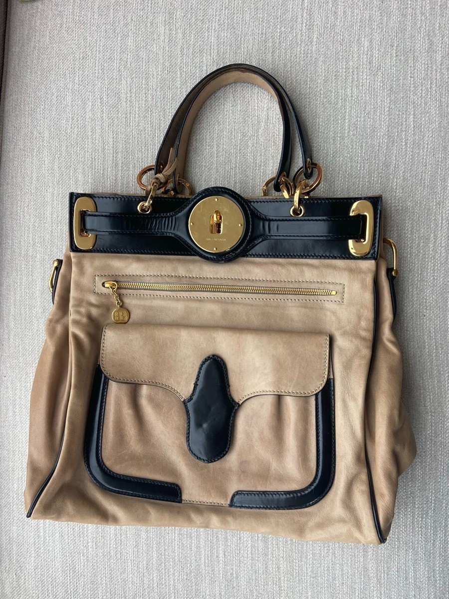 Rare Balenciaga Black Tan Leather Moon Bag Purse With Mirror RT