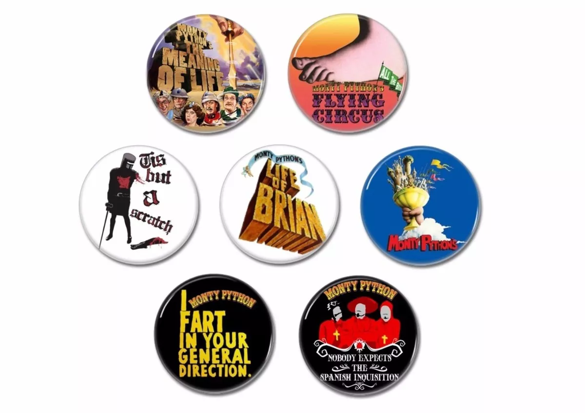 7 x Monty Python badges, buttons, pins (flying circus,life brian,meaning  life)