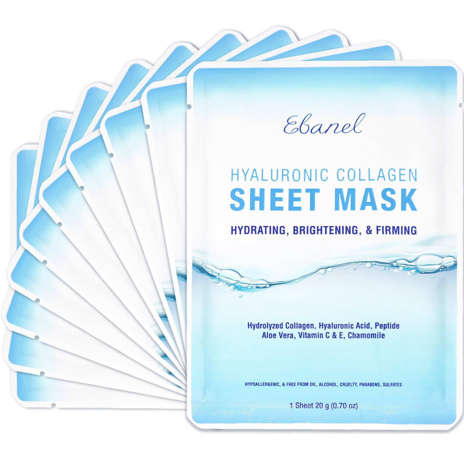 Ebanel 10 Pack Hydrating Collagen Face Masks for Instant Brightening and Firming Skin Boost