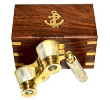 Brass 4" Mother of Pearl Binoculars   Nautical Maritime with Wooden Box