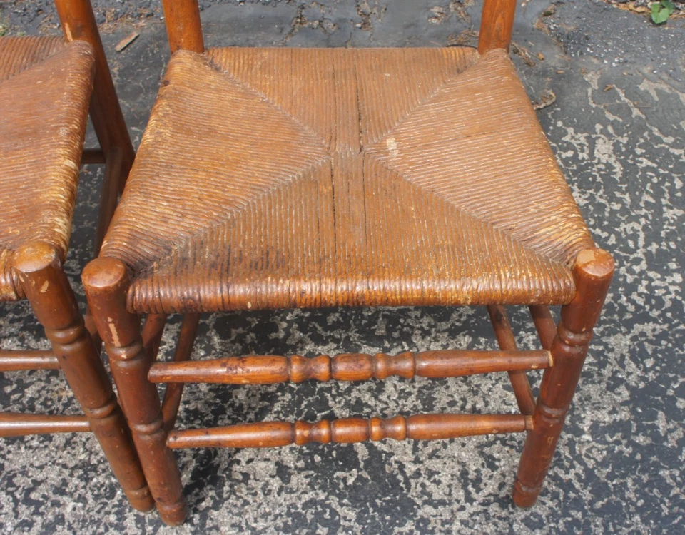 2 ~ Antique Ladder-Back Dining Chairs Woven Rush Seat Turned Wood Legs - Image 4 of 4