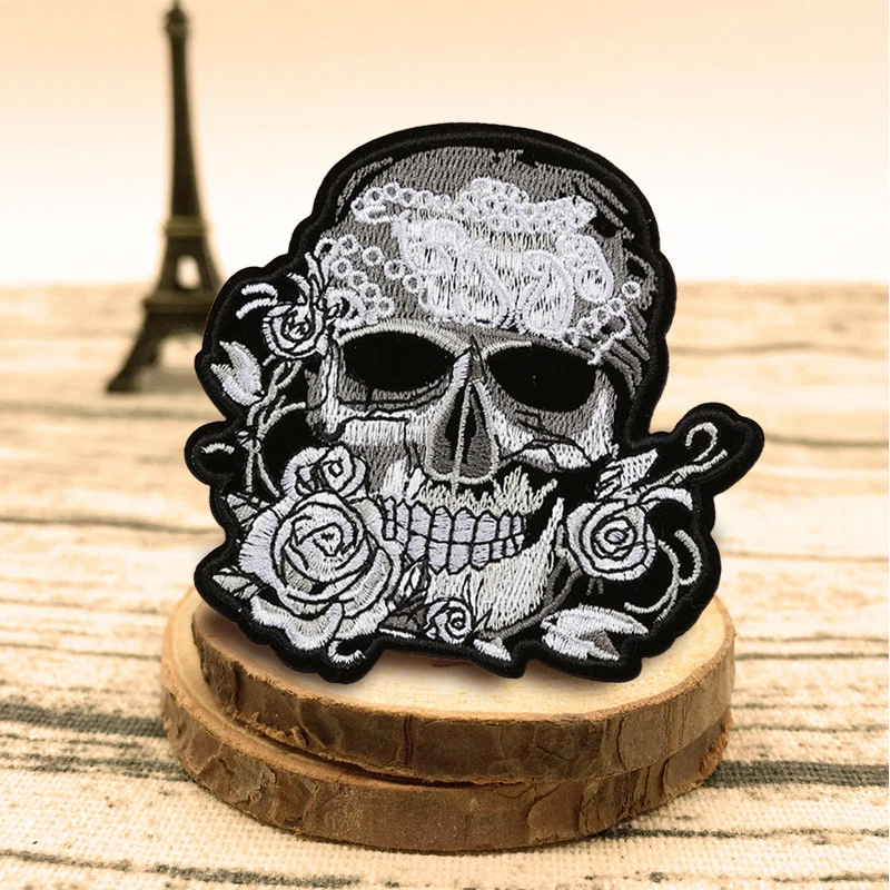 White Rose Skull Embroidered Sew On Iron On Patch Badge Fabric Craft Transfer - Image 2 of 4