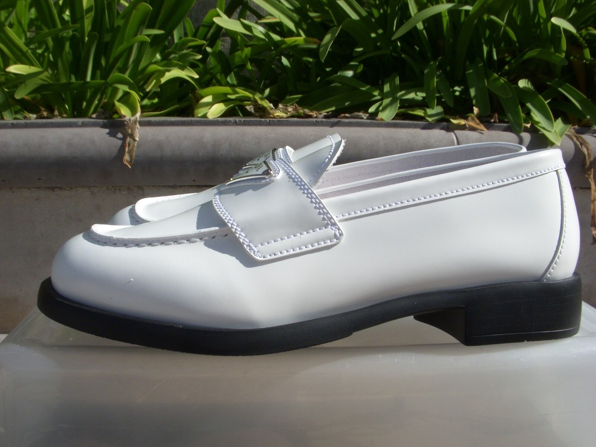 Prada Calfskin Logo Flat Loafers Leather Spazzolato White