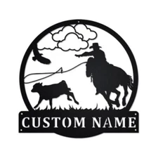 Customized Metal Cowboy Roping Calf Farmhouse Ranch Name Address Sign Decorative