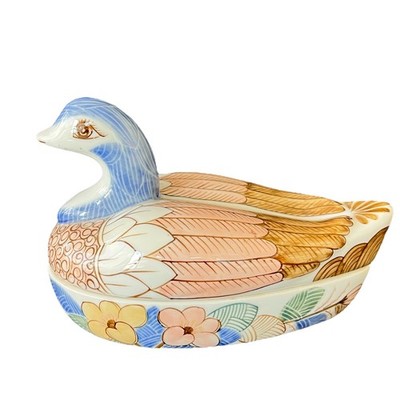 Vintage Porcelain Duck Hand Painted Floral Vanity Trinket Keepsake Box Thailand