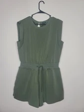 Ofeefan Sz L Romper Sleeveless Jersey Knit Tie Waist Olive Green W/pockets