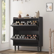 Hidden Shoe Cabinet w/2 Flip Drawers Wooden Shoe Organizer Cabinet Shoe Storage