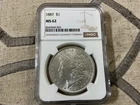 1887 NGC MS-62 Morgan Silver Dollar 90% fine silver