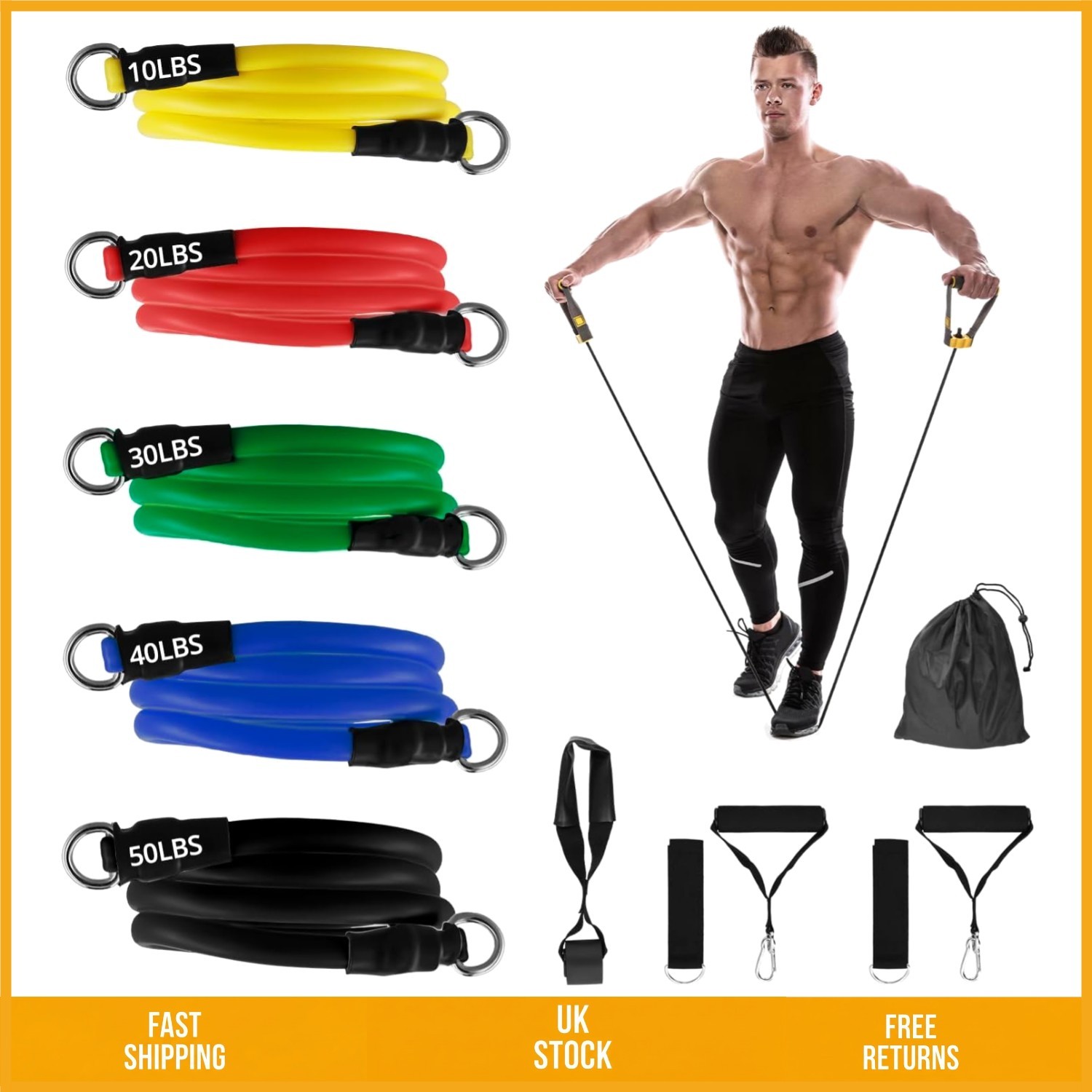 Professional 150lb Resistance Band Set with Door Anchor and Straps 5 Pcs