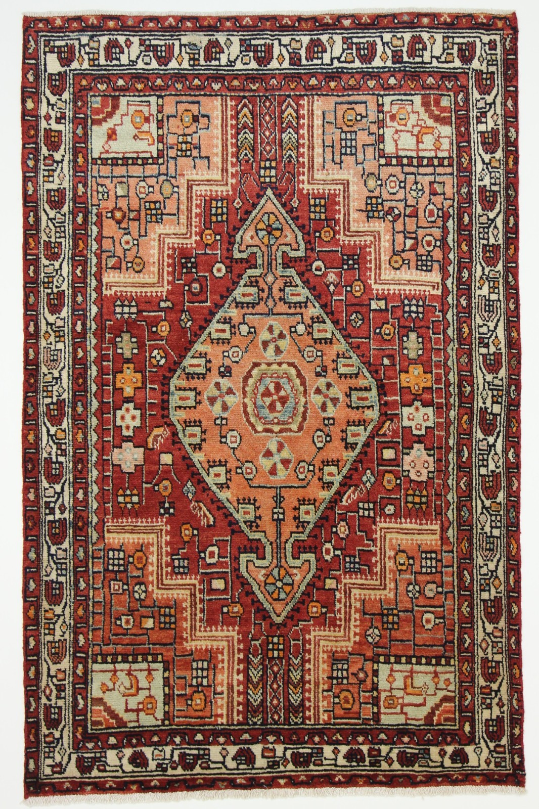Hamadan Teppich 206x132 cm Handgeknüpfter Wollteppich Rot Orange Rugeast