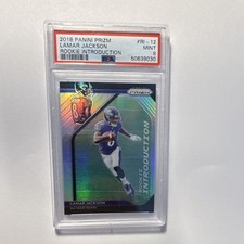 2018 Panini Prizm Lamar Jackson Rookie Introduction #RI-12 Ravens NFL Card PSA 9. rookie card picture