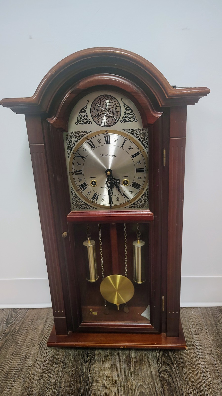VTG Waltham Tempus Fugit 31 Day Wall Clock Pendulum Chime Key Wind 27.5” Wooden.