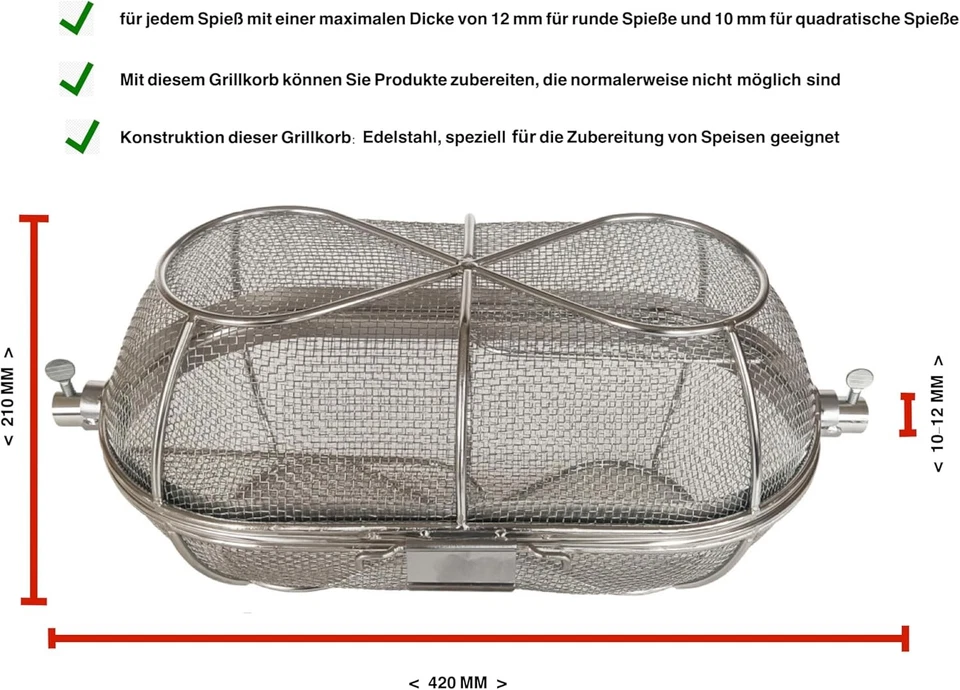 Panier à rôtisserie Broche 10/12mm Barbecue Viande Légumes Poisson Crustacés INO - Photo 2/4