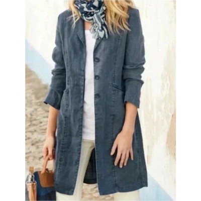 Peruvian Connection Blue Linen Hayden Duster Trench Jacket Size 12 Lagenlook