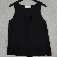 Ann Taylor LOFT Tank Top Women Small Black Eyelet Scalloped Hem Scoop Neck Shirt