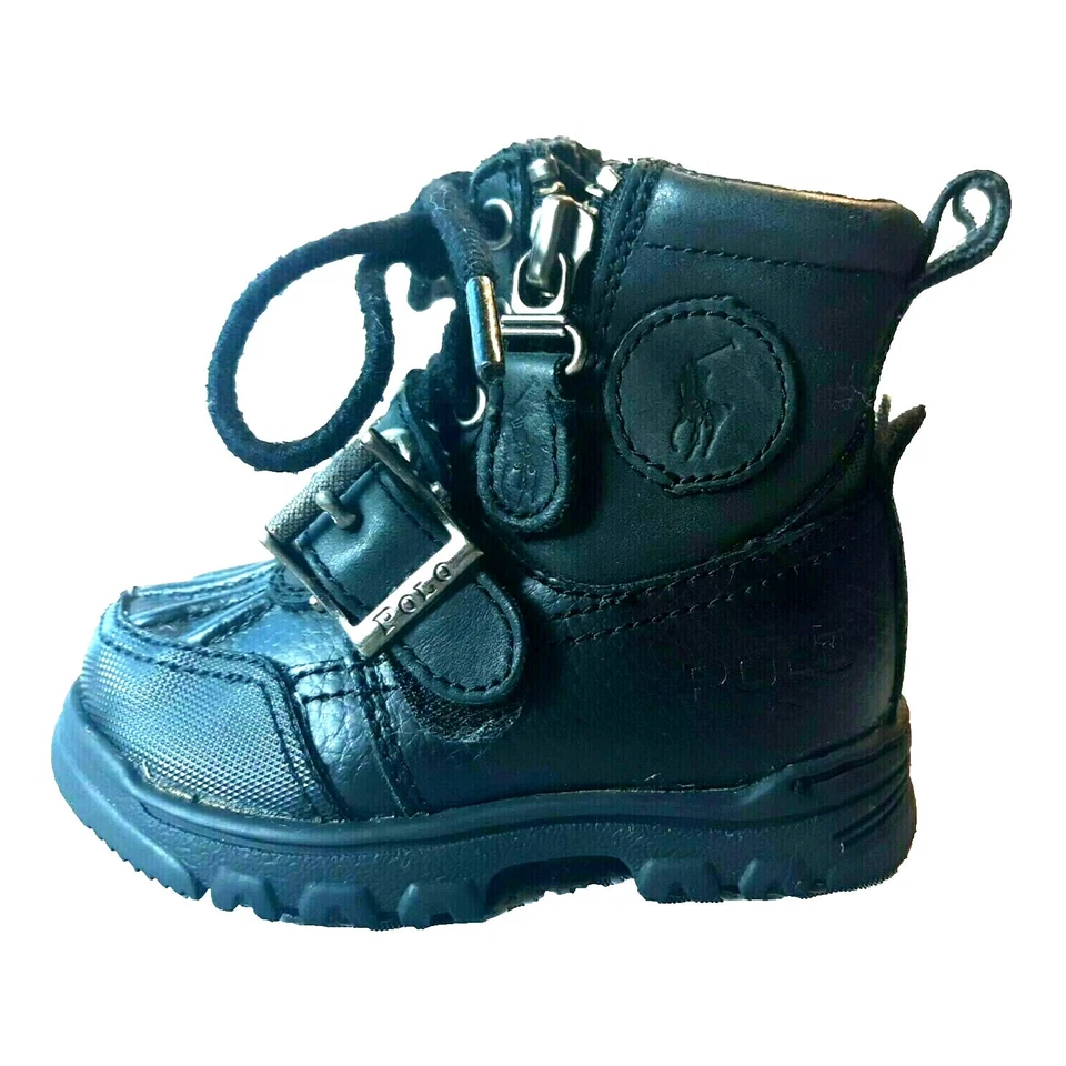Polo Ralph Lauren Andres Leather Moto Duck Boot Toddler Size 4 Black Zip Buckle - Image 2 of 4