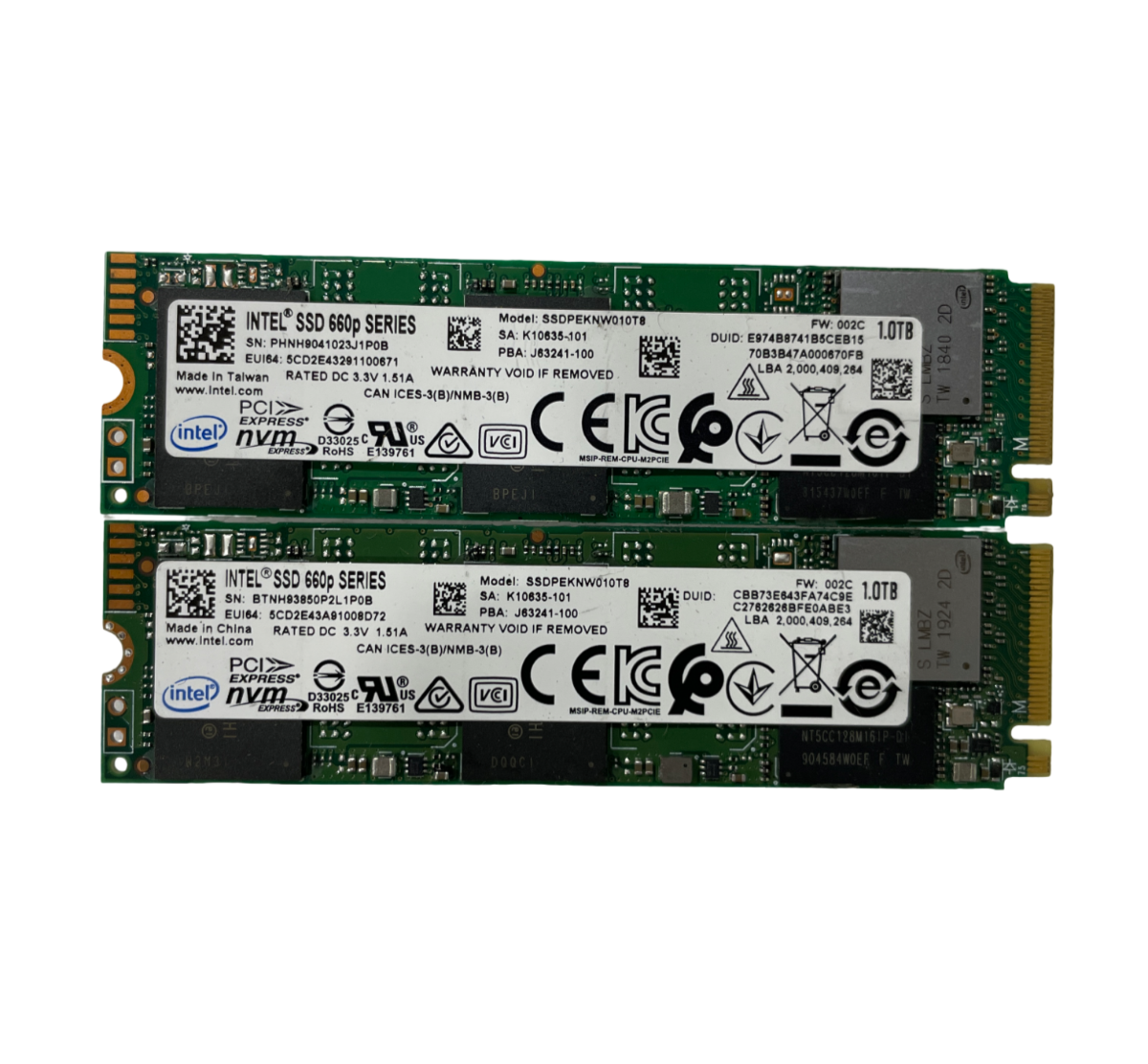 LOT OF 2x Intel SSD 660p Series M.2 NVMe PCIe SSDPEKNW010T8 Solid 