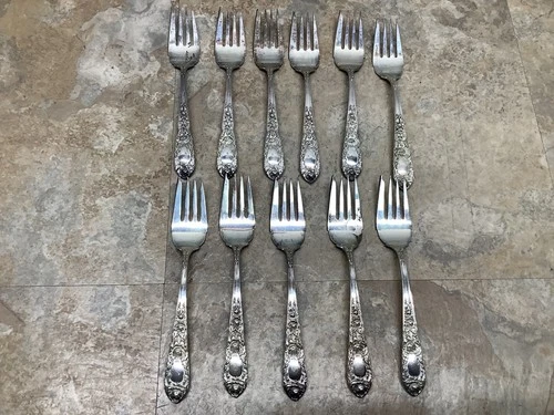 11 Vintage S Kirk & Son 6-1/4" Sterling Silver Rose Pattern Salad Forks No Mono