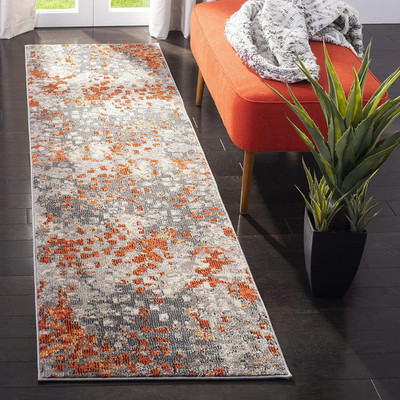 Monaco Runner Rug 2'2'' x 16' - Grey & Orange Boho Chic, Easy Care, Non-Shedding