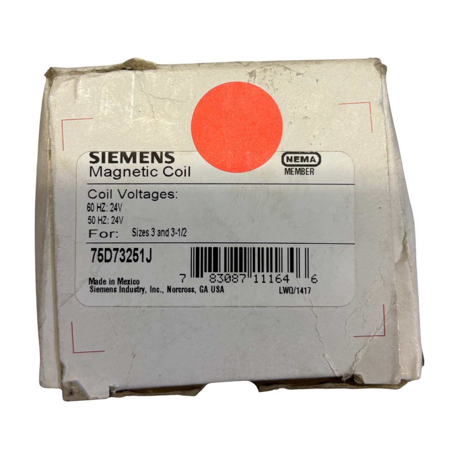 Siemens 75D73251J Magnetic Coil 24V 50/60Hz Size 3 3-1/2 Contactor Coil