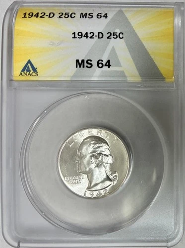 1942-D Silver Washington Quarter, ANACS MS-64, Blast White!
