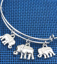 Mom & 2 baby elephants bright Silver charms Expandable Bangle Bracelet