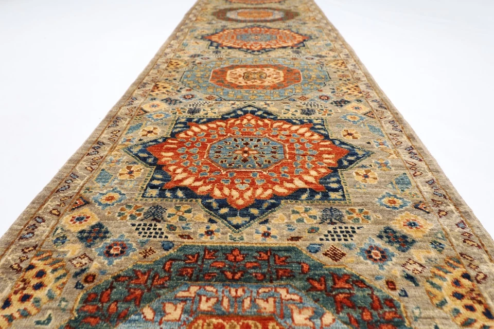 12 ft Hallway Mamluk geometric Runner Rug Afghan Hand Knotted Wool Bedroom Rug - Image 3 of 4