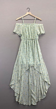 AUW Womens Green Floral Midi Dress Off The Shoulder High Low Size Small