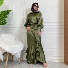 2Piece Ruffles Satin Muslim Women Abaya Top Skirt Set Kaftan Ramadan Dress Dubai