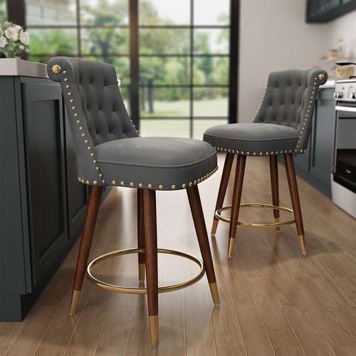 24" Velvet Counter Height Bar Stools 360° Swivel Bar Chairs Wood Legs Set of 2/4 - Picture 19 of 41